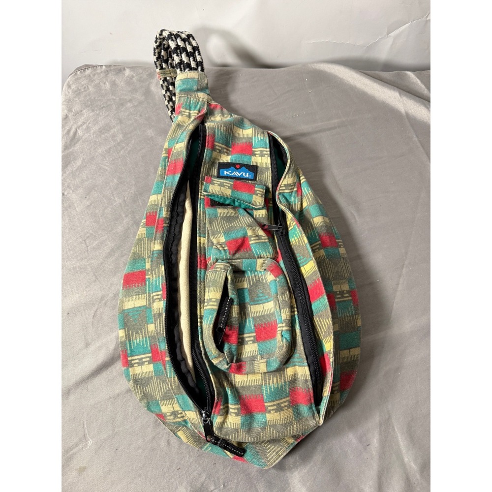 KAVU Rope Bag Canvas Sling Backpack Geometric Tribal Print Green Red Yellow